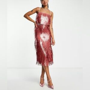 ASOS All Over Shard Embellished Design Rose Gold Cocktail Midi Dress Size 4 NWT